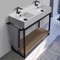 Console Sink Vanity With Double Ceramic Sink and Natural Brown Oak Shelf, 43